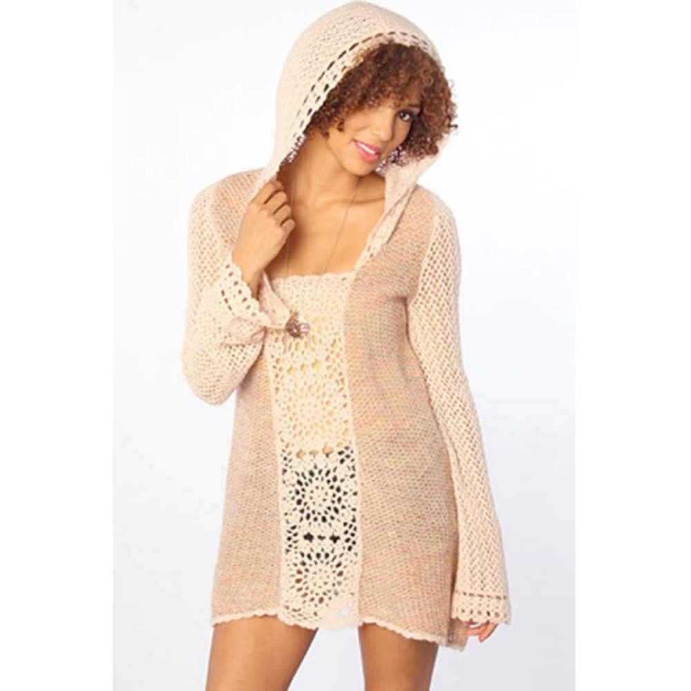 Free People Crochet Grannycore Sweater Pullover Hoodie Wool Tunic Fairy Boho XS